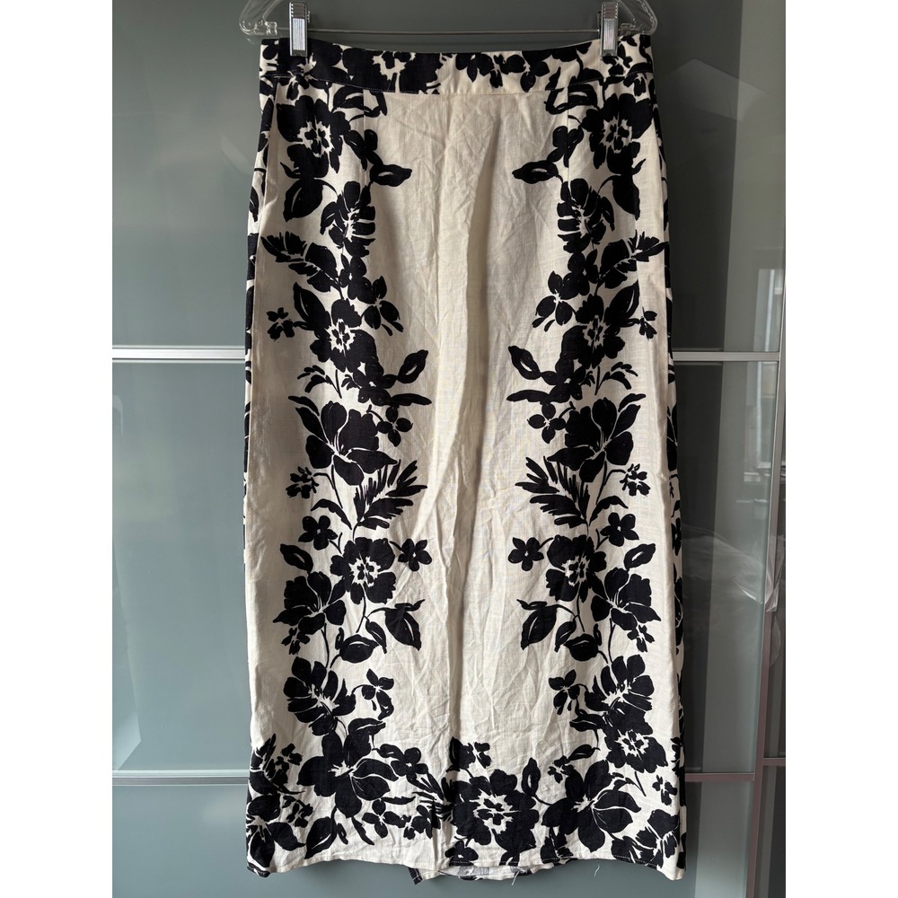 NWT* Zara Ecru-Black Floral Print Midi Wrap Skirt Linen Blend White Black Large - Picture 5 of 9